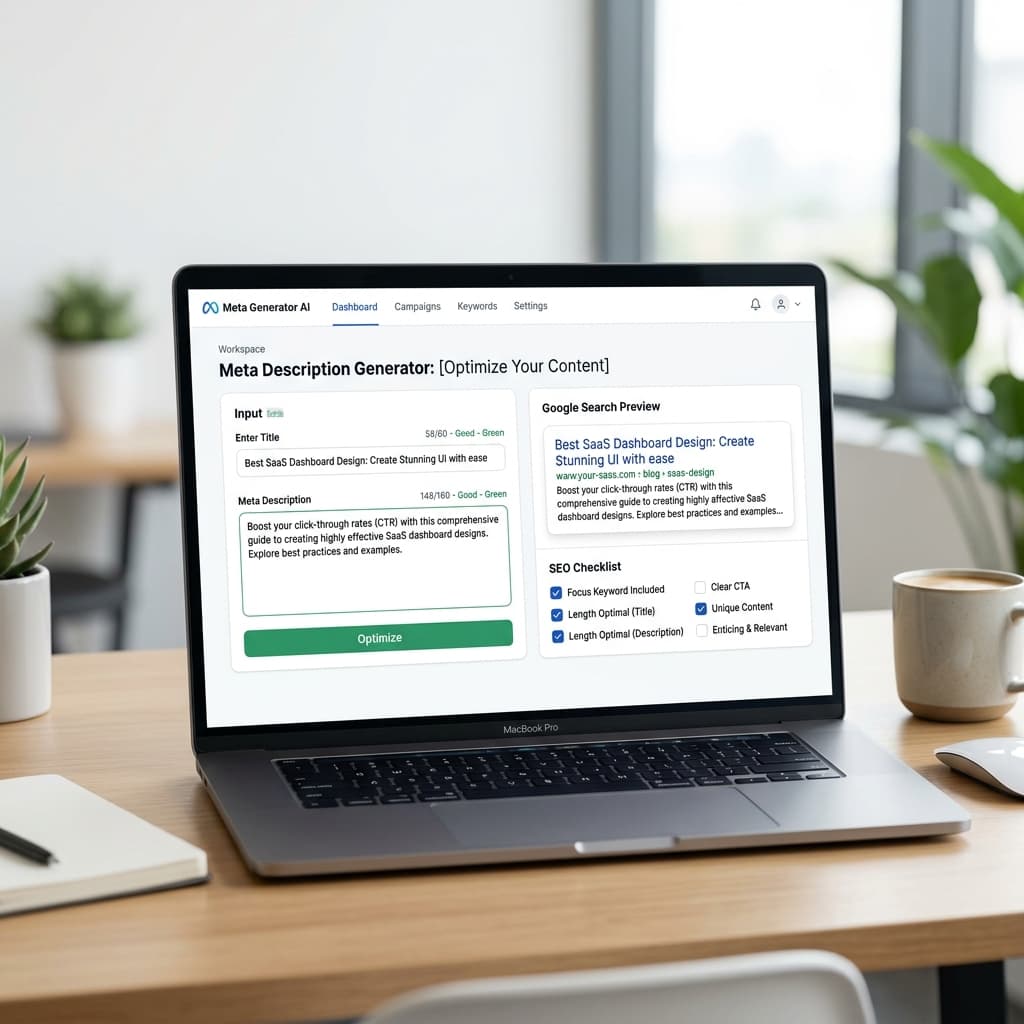 Meta Description Generator showing SEO search preview